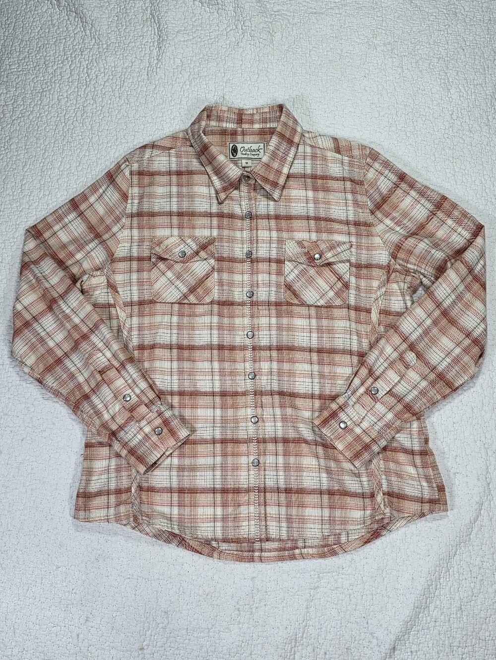 Outback Trading Co. Beige & Red Plaid Western Pearl Snap Button-Up Shirt